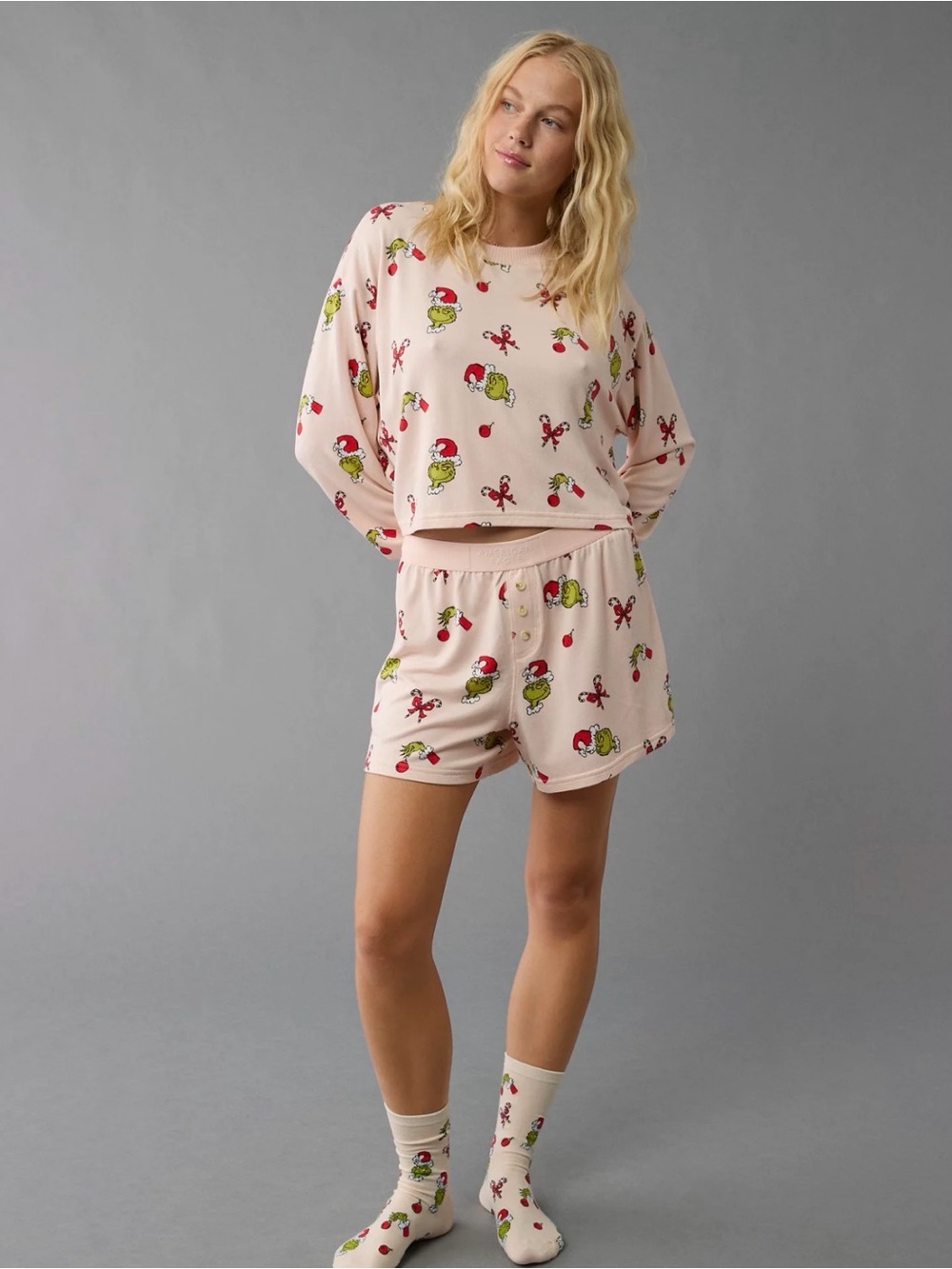 American Eagle Grinch Candy Cane Plush Pajama Set